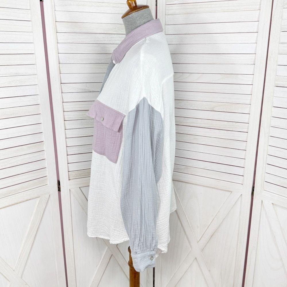 Entro Oversized Gauze Color Block Button Up Shirt… - image 3